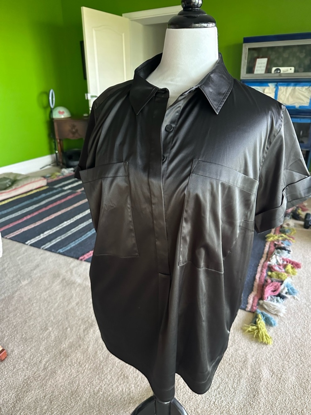 Universal Standard Black Satin Short Sleeve Plus Size Button Down Shirt
